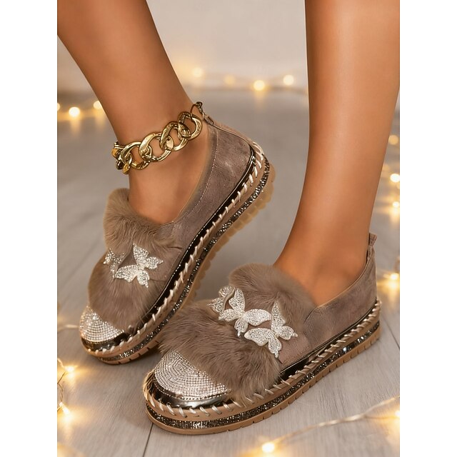  Dámské mokasíny s motýlím vzorem a umělou kožešinou s kamínky - třpytivé nazouvací boty na noční život, párty a do klubu &zimní glamour styl