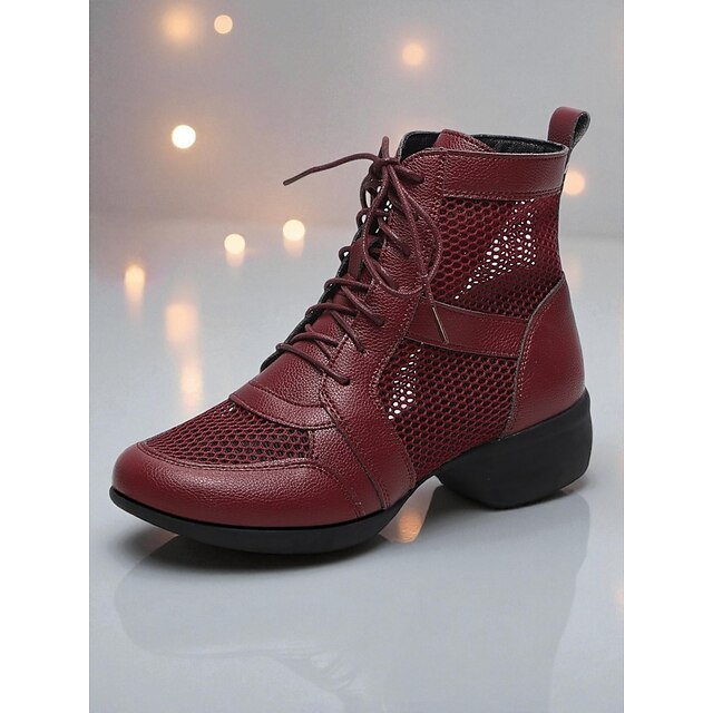  Botas de dança femininas de couro e tela com cadarço - botas profissionais leves e respiráveis para prática de dança de salão/latina, com zíper lateral para treinamento de performance feminina.