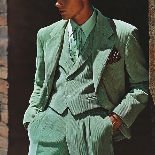  Мужской Свадьба Бизнес Вельветовый костюм Лацкан с тупым углом Черный Бордовый Деловые Платья Однотонный Узкий крой Набор из 3 предметов Однобортный с 1 пуговицей