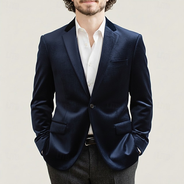  Herre Fløyelsblazere Halskrage Mote Klassisk Fritid Ensfarget Fløyelsblazer Svart Burgunder Mørkeblå Skreddersydd Enkelt Brystet Enn-knapp