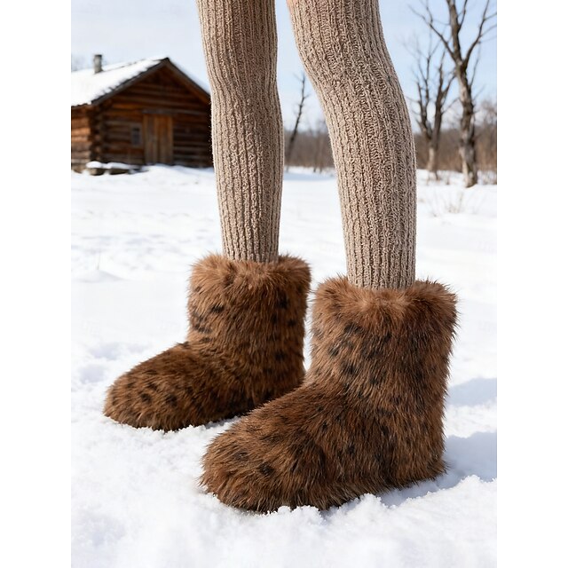  מגפי שלג מפרווה מלאכותית עם הדפס נמר לנשים - מגפי חורף נעימים עם בטנה רכה מפרווה מלאכותית, אופנתיים וחמים למזג אוויר קר ולפעילויות חוץ