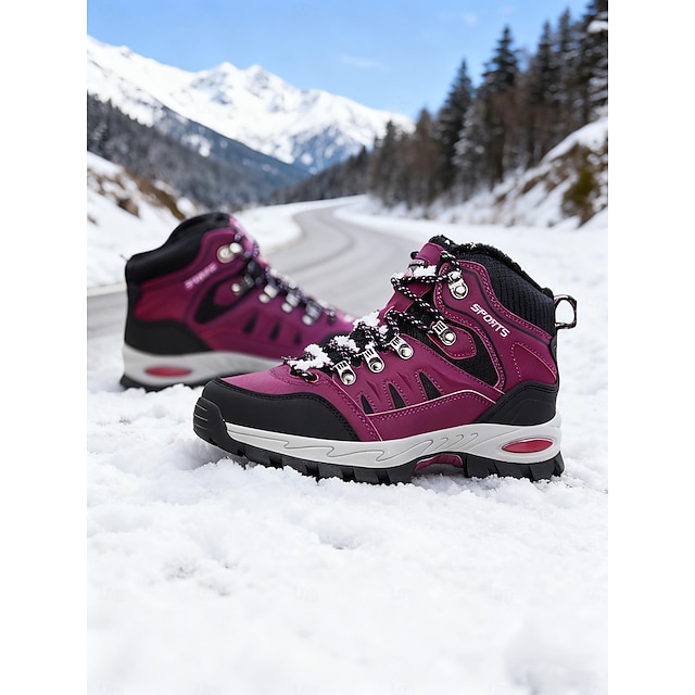  حذاء رياضي نسائي للمشي لمسافات طويلة باللون العنابي ذو رقبة عالية ونعل متين - حذاء شتوي متين للمشي لمسافات طويلة لمحبي الأنشطة الخارجية والسفر والاستكشاف في الشتاء