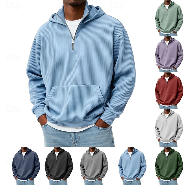  Męskie Bluza z Kapturem Bluza z kapturem na zamek błyskawiczny Czarny Biały Czerwony Granatowy Ciemnozielony Kaptur Równina Kieszeń Quarter Zip Sport i turystyka Codzienny Święto Sztruks Poliester