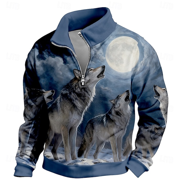  Herren MOON Wolf Pullover 3D Vintage-Retro Stehkragen Outdoor Arbeit Geschenk Blau 1 Blau 3# Blau 2# Blau Reißverschluss Herbst Winter Designer S M L XL XXL XXXL
