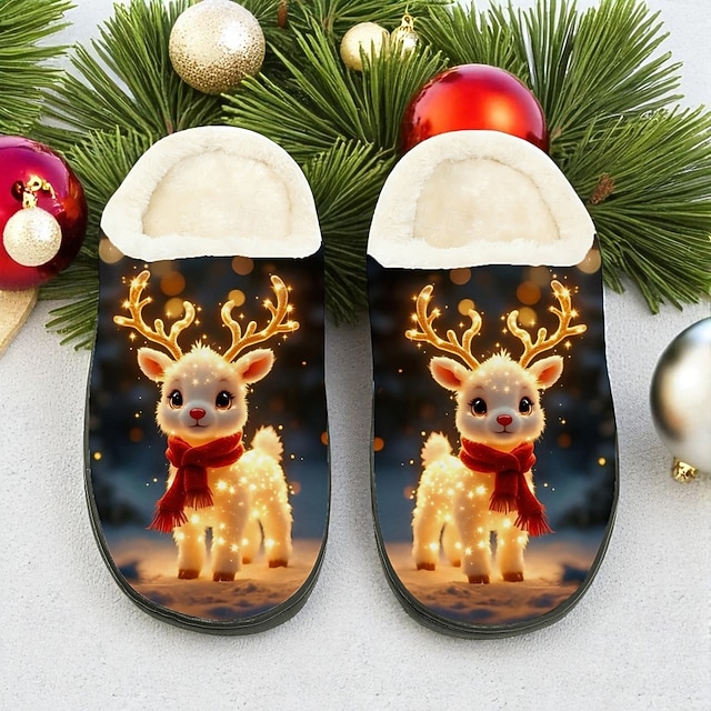  Pantufas femininas de Natal com estampa de rena - pantufas macias de pelúcia para uso interno no inverno, com um adorável desenho de rena, calçado quente de lã para a temporada de festas e ótimos