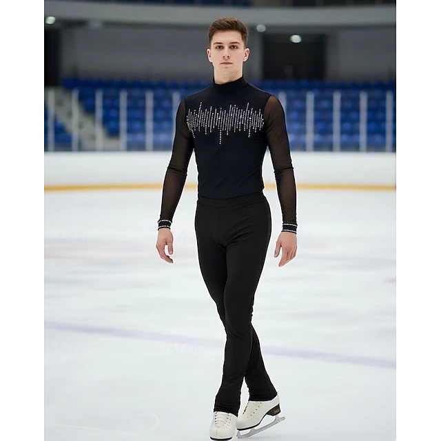 Ice Rink Top Figure Skating Top Men's Boys' Ice Skating Tops Black Patchwork Spandex ...