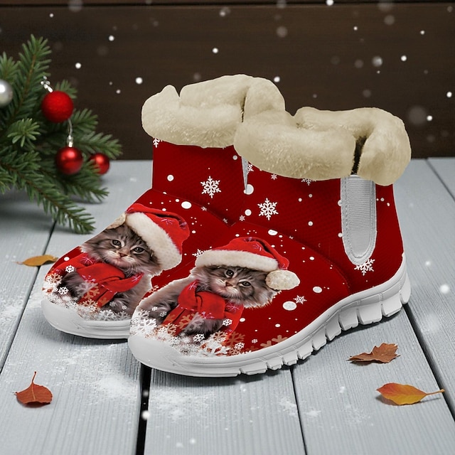  Botas femininas natalinas quentinhas com forro de pele e estampa fofa de Papai Noel com gatinho – estilo aconchegante de inverno, sola leve antiderrapante, perfeitas para festas de fim de ano, passeios ao ar livre, uso casual e para presentear no Natal.