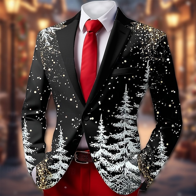  عيد الميلاد المجيد رجالي شجرة جاكيت بليزر معطف مريح متنفس فني كاجوال ملابس الحفلات والسهرات مناسب للبس اليومي مهرجان طباعة ثلاثية الأبعاد Buttons خريف & شتاء حز كم طويل أسود أبيض