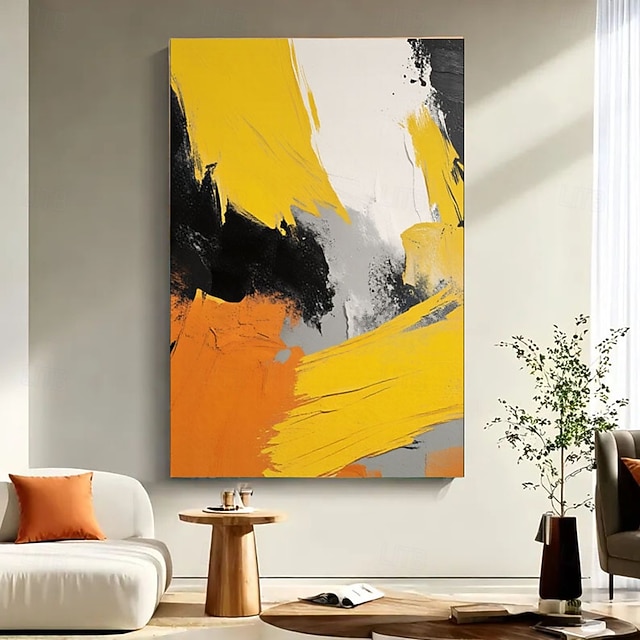  Großes gelbes minimalistisches abstraktes Gemälde mit Textur, schwarz-weiße 3D-Textur, abstrakte Kunst, Acryl-Gemälde, abstrakte Textur, moderne Kunst