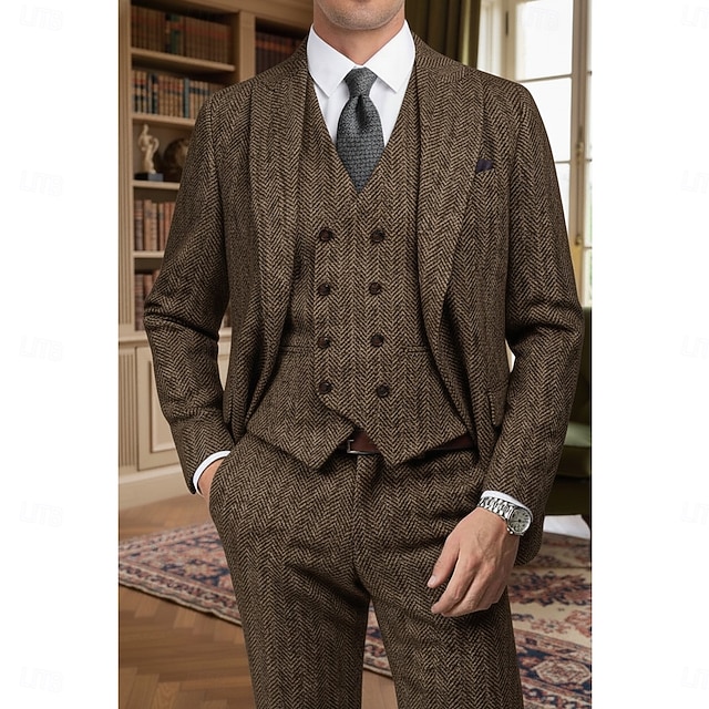  Ανδρικά Επιχείρηση Causal Κοστούμια tweed Πέτο με Μύτες Μαύρο Καφέ Καθημερινά Δουλειά Ψαροκόκκαλο Κατά παραγγελία εφαρμογή Σετ 3 τεμαχίων Μονόπετο Δύο Κουμπιών