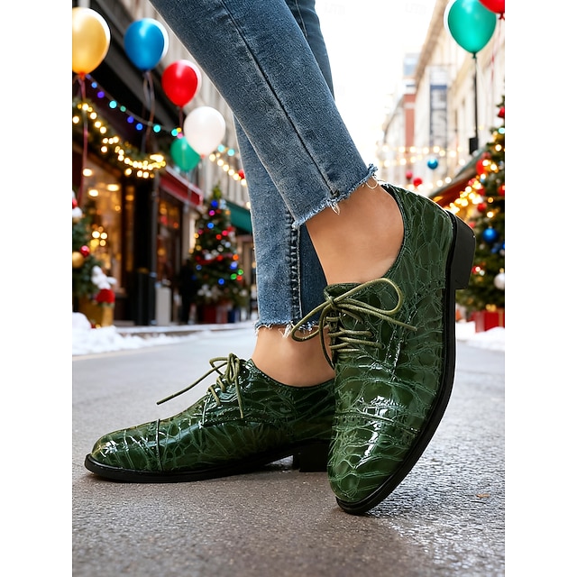  damskie zielone półbuty typu oxford ze wzorem krokodyla – klasyczne, sznurowane buty wizytowe na oficjalne okazje, do pracy i na święta