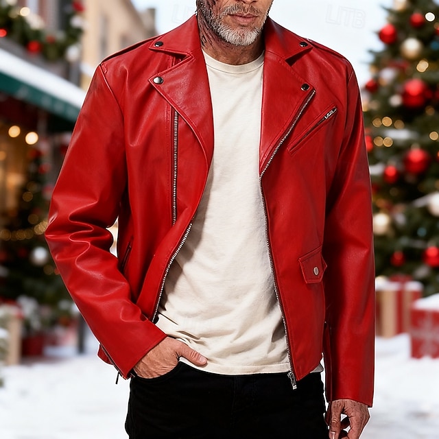  Муж. Кожаные куртки Байкерская куртка Мотоциклетная куртка Рождество Отпуск С защитой от ветра Сохраняет тепло Карман Осень Зима Полотняное плетение Мода Классика Лацкан Обычная Черный Красный Жакеты