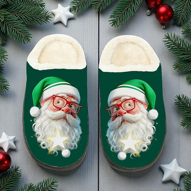  Herretøfler med julenissetrykk - festlig rødt nisse-ansikt med LED-lys, koselige plysjtøfler til julemorgen, avslapning og ferieavslapning