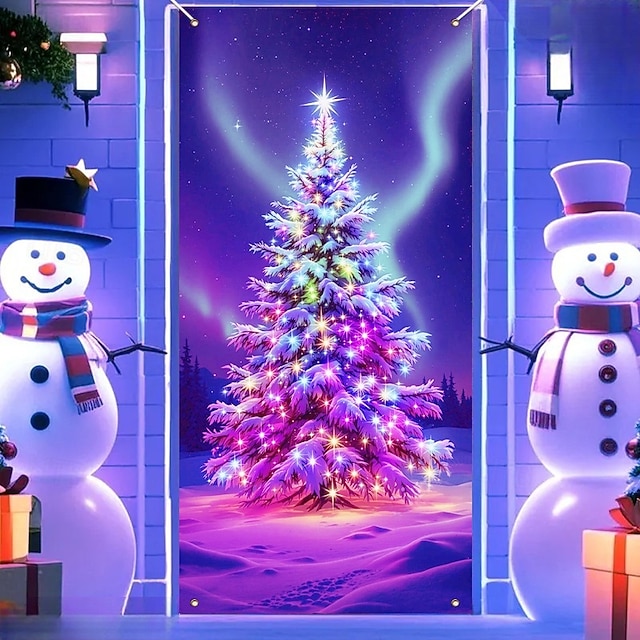 Bannière Porche Noël Réutilisable - Tissu Polyester 30x180 Cm, Motif Sapin, Avec Corde - 3