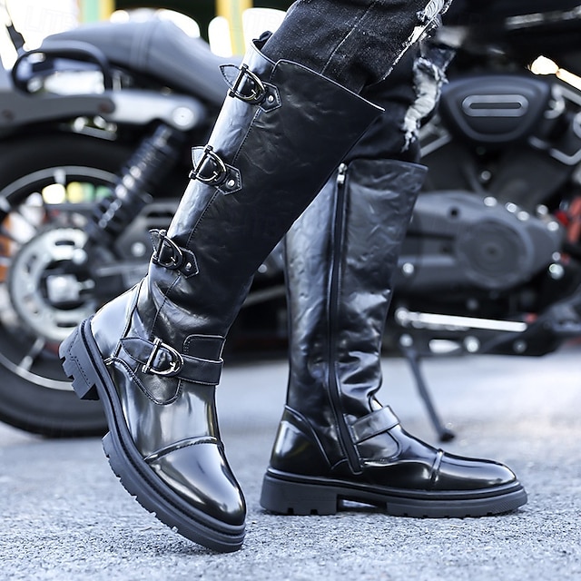  Bottes de moto pour homme en similicuir noir avec sangles – élégantes et pratiques pour la moto, les activités de plein air et les sorties décontractées.