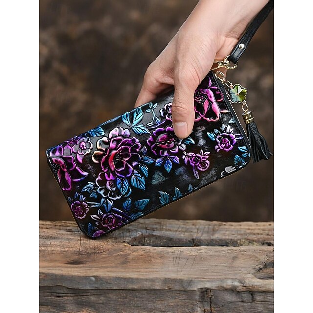  damski portfel ze skóry naturalnej – duża pojemność z kwiatowym wzorem, zapięcie na suwak, przegródki na karty i kieszonki na gotówkę – idealny do codziennego użytku i na specjalne okazje