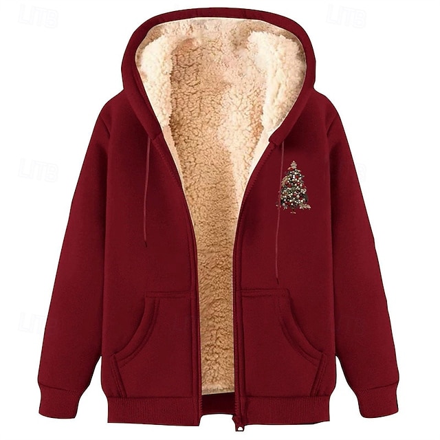  Homens Moletom Full Zip Hoodie Moletom com zíper Moletom com capuz forrado de lã Adamascado Preto Vinho Vermelho Verde Com Capuz Árvore de Natal Bolsos Forro de sherpa Natal Diário Feriado Poliéster