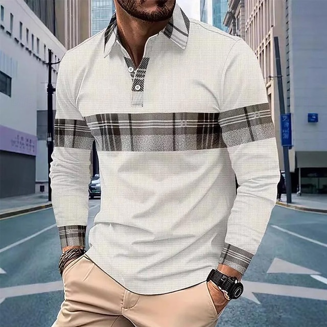 Herren Karomuster Farbblock Polo Langarm Polo-Shirts Revers Lässig Outdoor Straße Athleisure Alltagskleidung 3D-Druck Knöpfe Frühling Herbst Winter Blau Schwarz Weiß