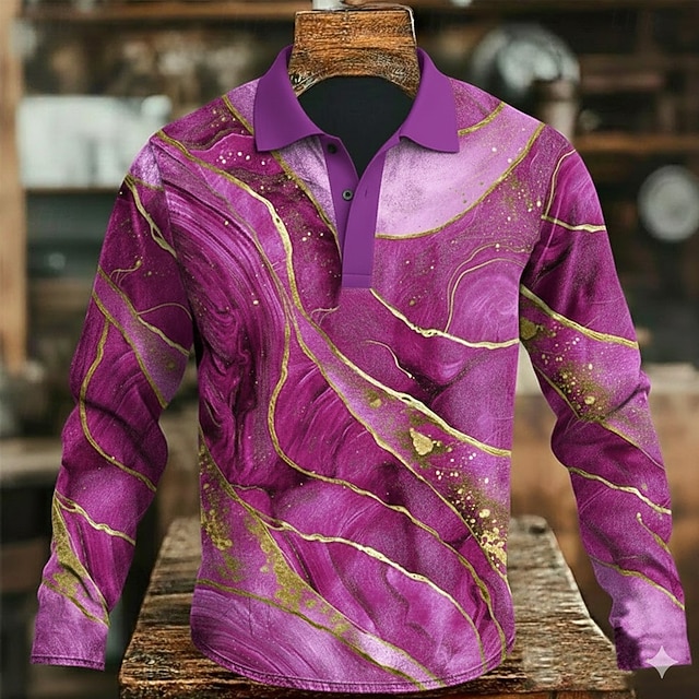  Herre Abstrakt Geometrisk Polo Langermet Poloskjorter Knaphul Fritid utendørs Gate treningsklær Dagligdagstøy 3D-utskrift Knapper Vår Høst Vinter Blå Lilla Grønn