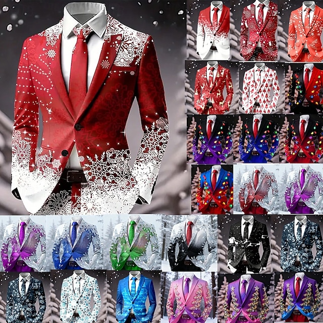  Pánské Blejzr Kabát Vánoce Dovolená Ležérní Běžné Denní Na běžné nošení Podzim zima 100% polyester Sněhová vločka 3D tisk Knoflíky Zahřívací Pohodlné Jednořadé Blejzr Červená 1 Červená 4 Červená 3
