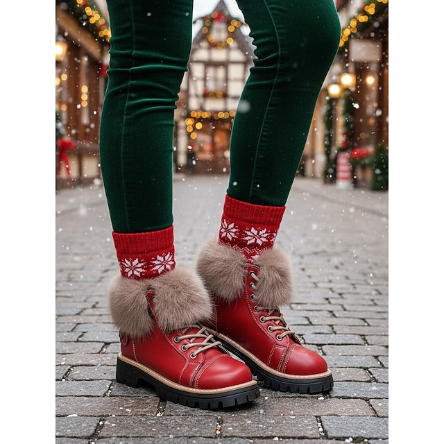  stivaletti da donna con bordo in pelliccia rossa - caldi stivali invernali con morbida pelliccia sintetica per passeggiate all'aperto, eventi natalizi e moda invernale casual