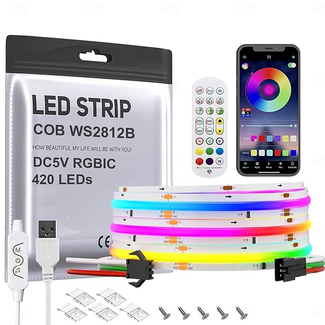 FCOB COB WS2812B IC RGB LED Strip DC5V (Optional Bluetooth Smart APP Controller) 3.2-16.4FT Individual Addressable 420Pixel/m  10IC Dream Color IP30 Non-Waterproof High Density Light 0.32in Width