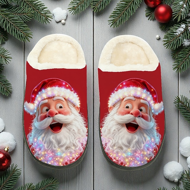  Мужские тапочки с принтом Санта-Клауса — праздничное красное лицо Санта-Клауса со светодиодными лампами, уютные плюшевые тапочки для рождественского утра, отдыха и отдыха в праздники