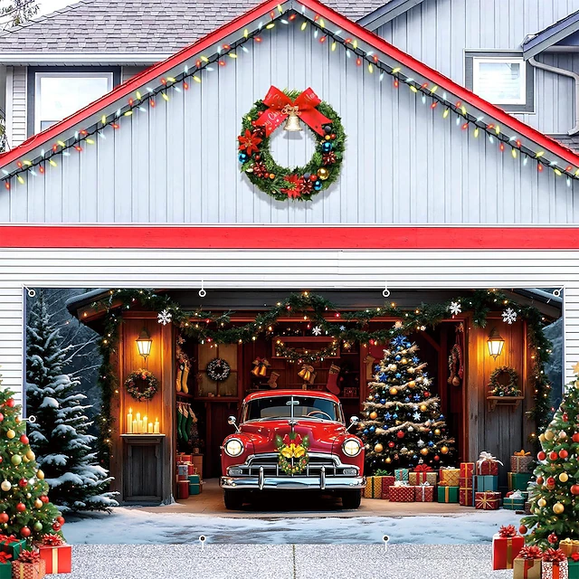 Barn Style Light Christmas Garage Door Cover With LED String Lights, 3D Reindeer Print ...