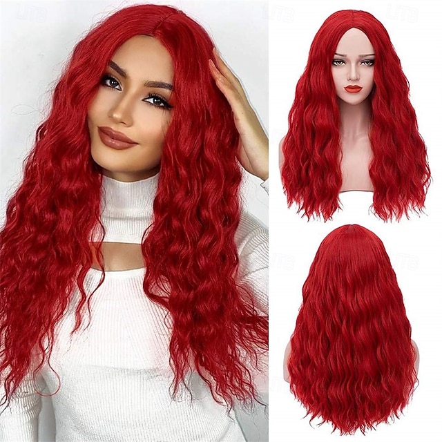  Womens Red Wig Long Curly Wavy Red Wigs Middle Part Synthetic Heat Resistant Full Wig for Carnival Festival Party