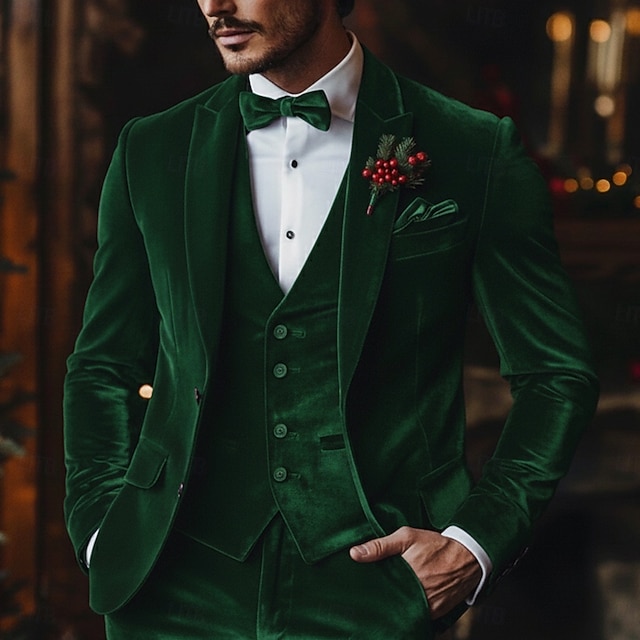  Pour des hommes Noël Soirée Costume en velours Revers en Pointe Noir Vert Noël Fête Couleur Unie Coupe sur mesure 3 pièces Simple Boutonnage Deux Boutons