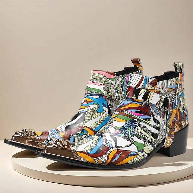  Miesten värikkäät ja taiteelliset aidosta nahasta valmistetut nilkkurit - monivärinen muotoilu vetoketjulla ja kiiltävillä metallisilla yksityiskohdilla, ihanteellinen muodikkaaseen vapaa-ajan käyttöön ja erityistilaisuuksiin