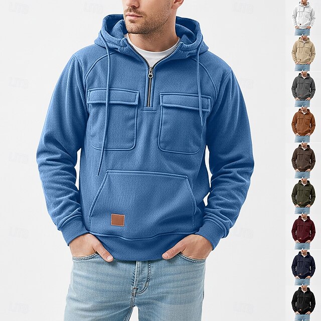Sweat à Capuche Cargo Homme Tactique 1/4 Zip – Pull Oversize Poches Multiples Streetwear Gym Sport – Look Urbain Puissant