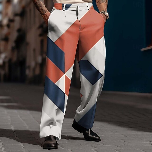Men S Printed Dress Pants 2026.Men's Color Block Geometric Pattern Trousers Dress Pants Suit Pants Mid ...