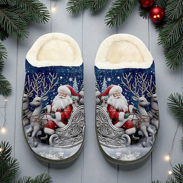  Herre juletøfler med julemotiv - vinterlandskap med julenissen, myke fleecefôrede tøfler for koselige kvelder, julefester og komfort innendørs