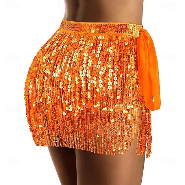 Jupe à Franges Paillettes Pour Femme - Longueur ~80 Cm - Taille Élastique - Pour Danse Du Ventre, Fête, Rave, Déguisement - Orange Étincelant - 10