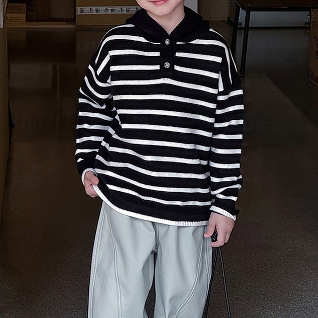 Kinder Jungen Pullover Gestreift Langarm warm halten Outdoor Mode Schwarz Herbst Kleidung Ab 4 Jahren