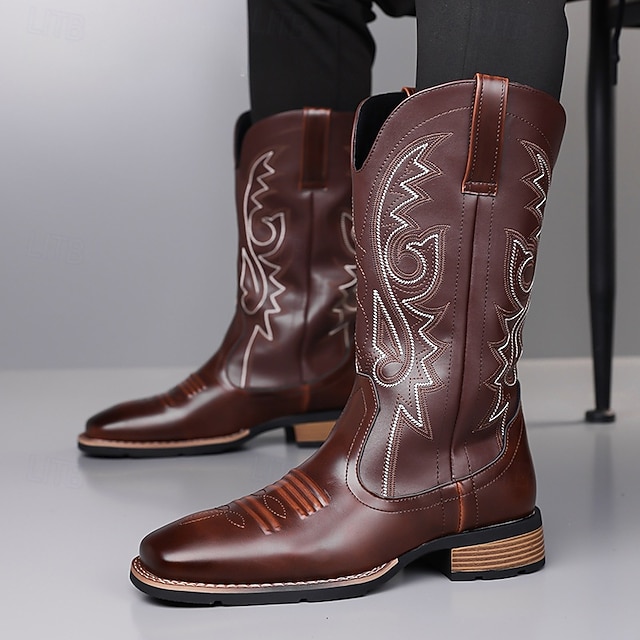  Bruine cowboylaarzen van imitatieleer voor heren – klassieke westernstijl met geborduurde details, perfect voor kerstfeestjes en casual uitjes