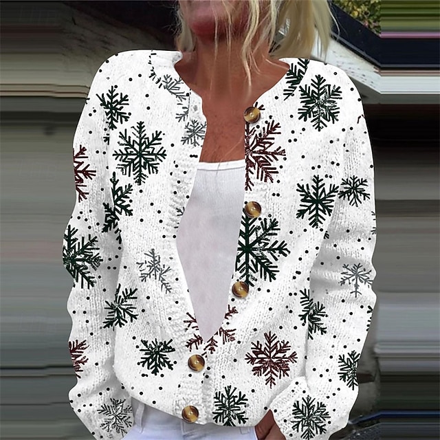  Naisten Neulos Neule Tyylikäs Muoti söpö tyyli Kukka Kuvitettu Joulukuusi Tiukka pyöreä kaula-aukko Napit Kudottu Painettu Pitkähihainen Tavalliset topit Neuloa Joulu ulko- Koti Valkoinen Vaalean