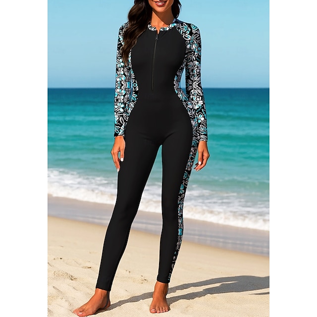 Regular Rash Guard Full Body Rash Guard One Piece Surfing Suit Tropical Color-blocking Zip Up With Built in Bra Front Zip Uv Sun Protection Full Coverage Upf50+ Long Sleeve Full Body