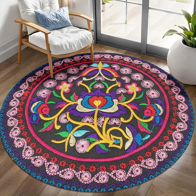 Area Rug 2d Area Rug, 2D Flat Print, Vibrant Bohemian Floral Round Area Rug ...