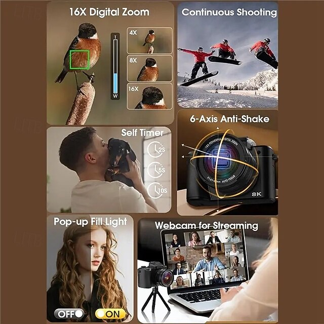 8K Mirrorless DSLR Camera with Optical Zoom Dual Front & Rear Cameras ...