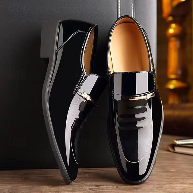 Men's Black Patent Leather Slip-On Dress Shoes with Modern Buckle ...