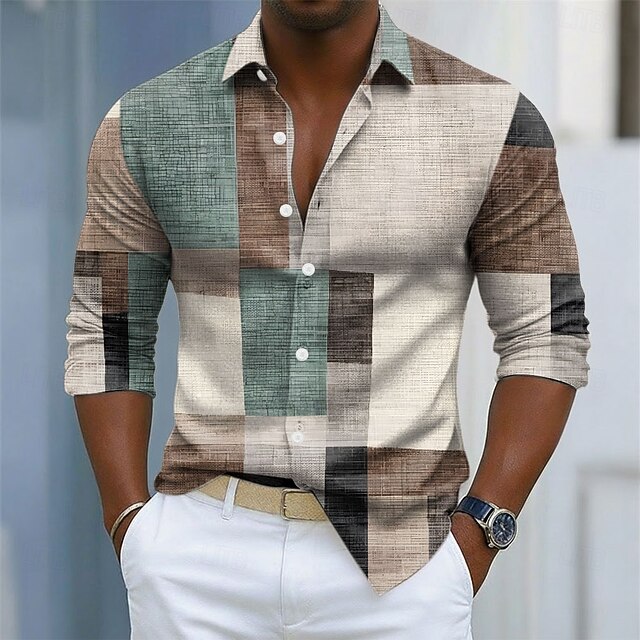 Men's Geometric Color Block Patchwork Shirt Button Up Shirt Long Sleeve ...