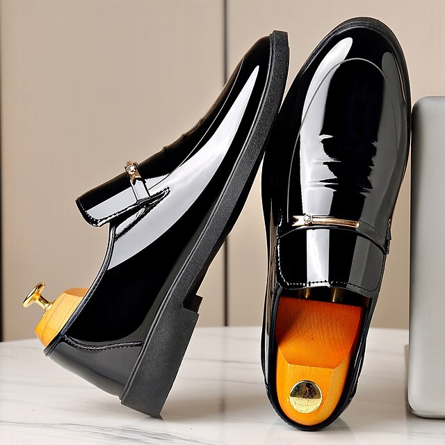 Men's Black Patent Leather Slip-On Dress Shoes with Modern Buckle ...