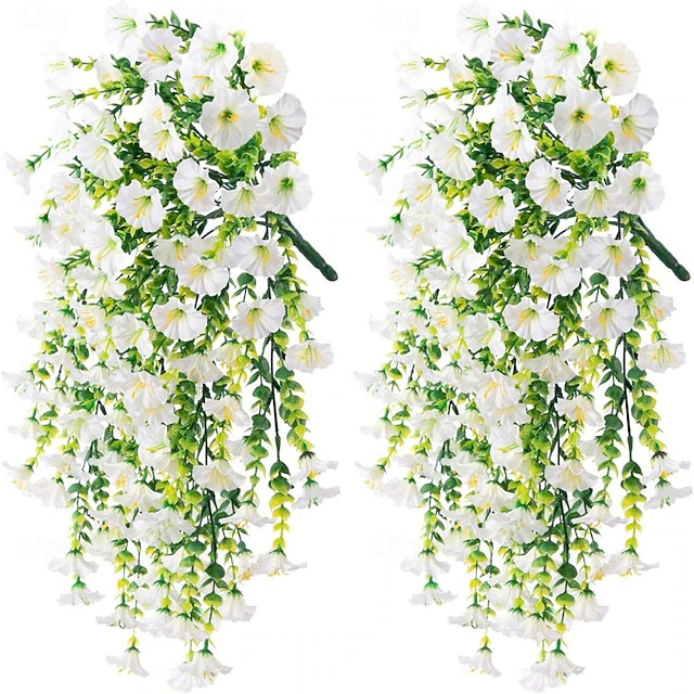 2 Pack Artificial Hanging Flowers Faux Morning Glory with Eucalyptus ...