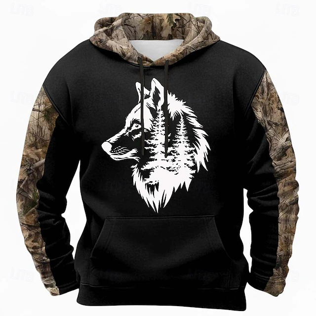 Men's Wolf Hoodie Sweatshirt Fashion Classic Crew Neck Outdoor Hunting ...