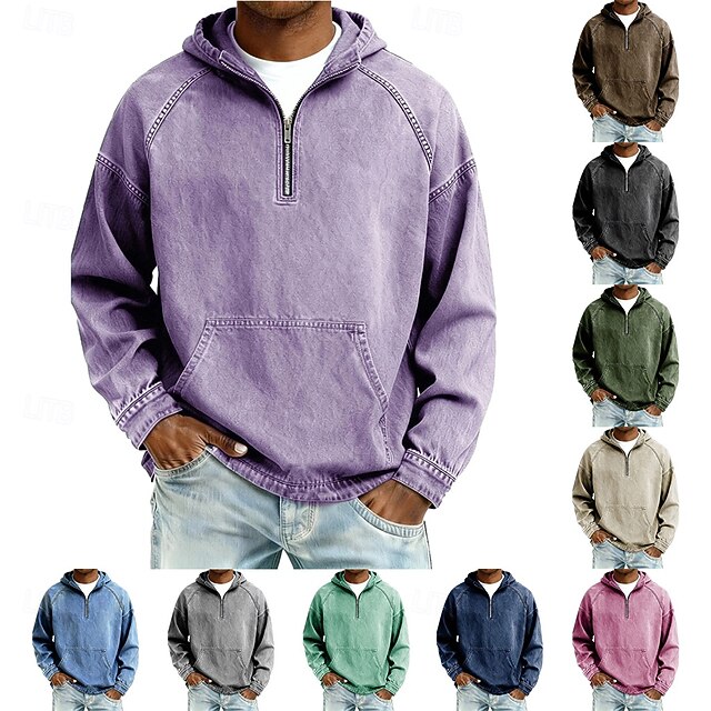 SoftFade™ Men's Hoodie Pullover Quarter Zip Hoodie Black Army Green ...