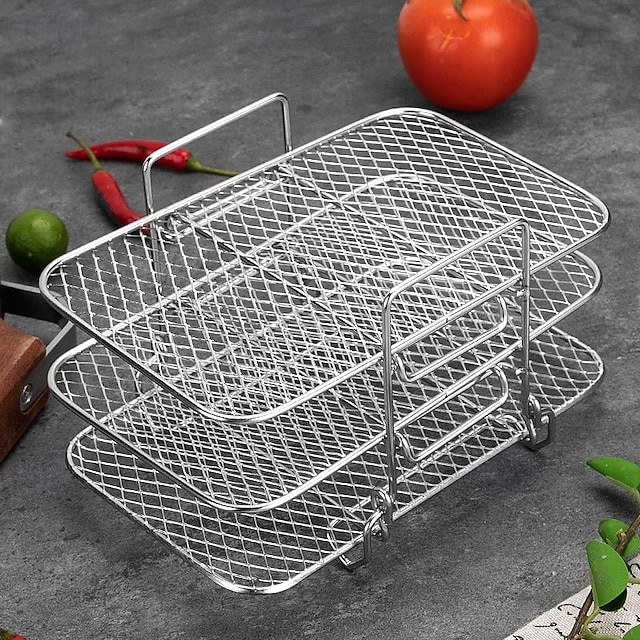 Grelha desidratadora multicamadas em aço inoxidável, acessórios para fritadeira a ar de 3 níveis, grelha removível para secagem e cozimento a vapor, ideal para assar e cozinhar em fritadeira a ar e