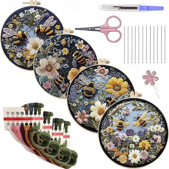 Blumenstickset mit gelber Biene für Anfänger, grünes Pflanzenstickset ...