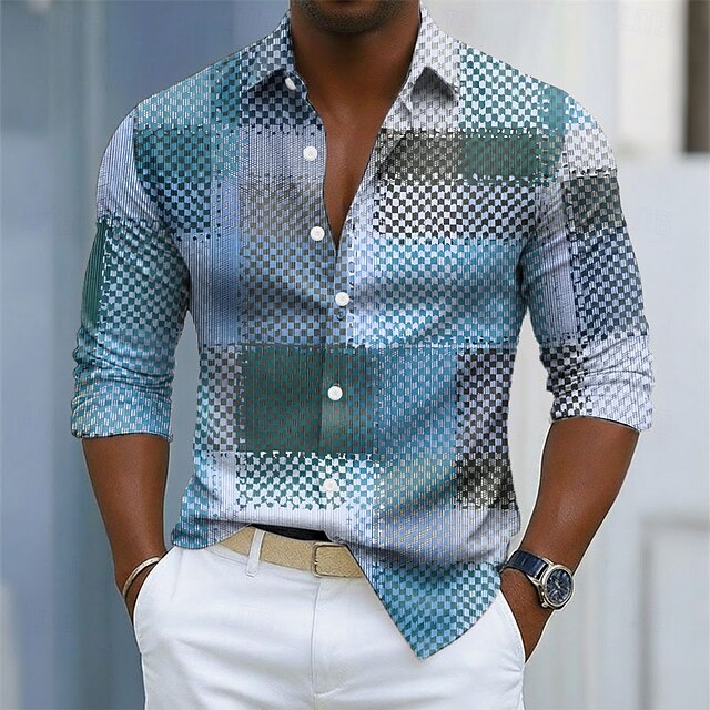Men's Geometric Color Block Grid / Plaid Patterns Shirt Button Up Shirt ...